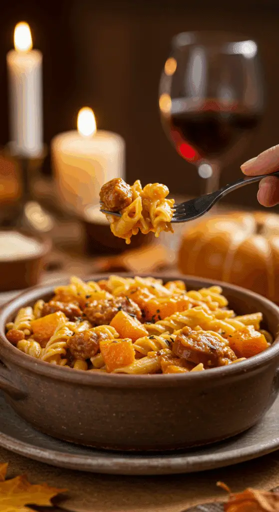 A cozy bowl of homemade, colorful Autumn Sausage and Butternut Squash Pasta being served for a casual family dinner.