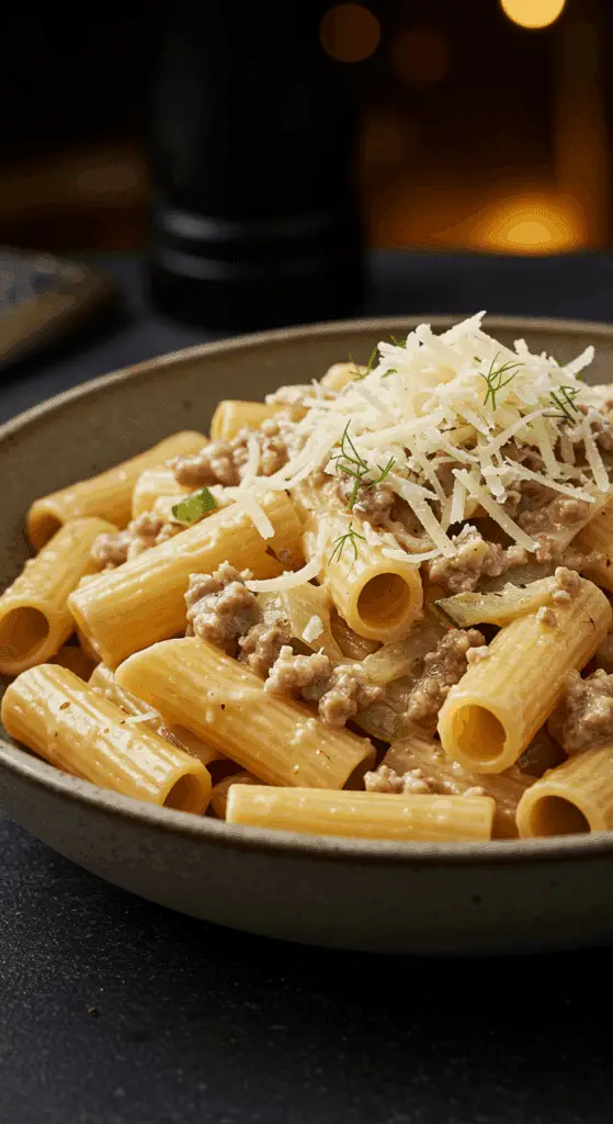 A beautiful, rustic bowl of homemade, creamy Sausage and Fennel Pasta, with rigatoni in a luscious, rosy cream sauce.