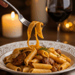 An elegant plate of homemade, creamy Sausage and Fennel Pasta being enjoyed for a sophisticated and romantic, candlelit dinner.