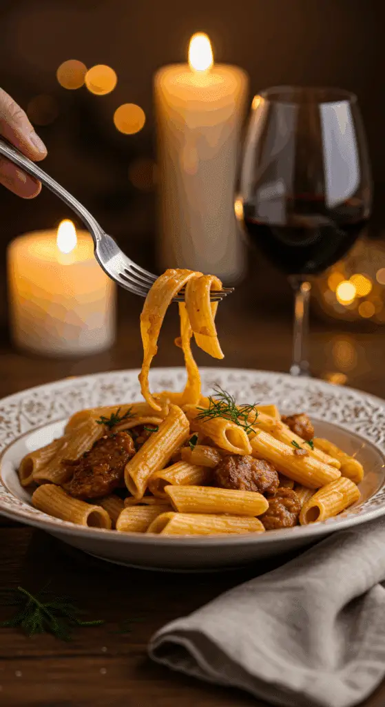 An elegant plate of homemade, creamy Sausage and Fennel Pasta being enjoyed for a sophisticated and romantic, candlelit dinner.