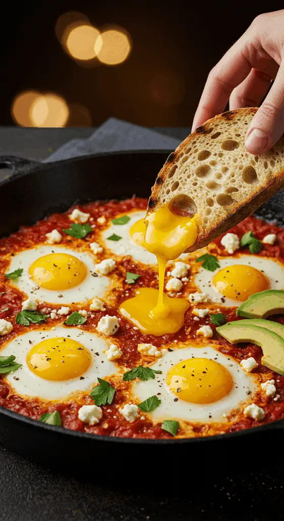 A beautiful, rustic cast-iron skillet of homemade, authentic Shakshuka, with five perfectly runny-yolked eggs poached in a spicy tomato sauce.