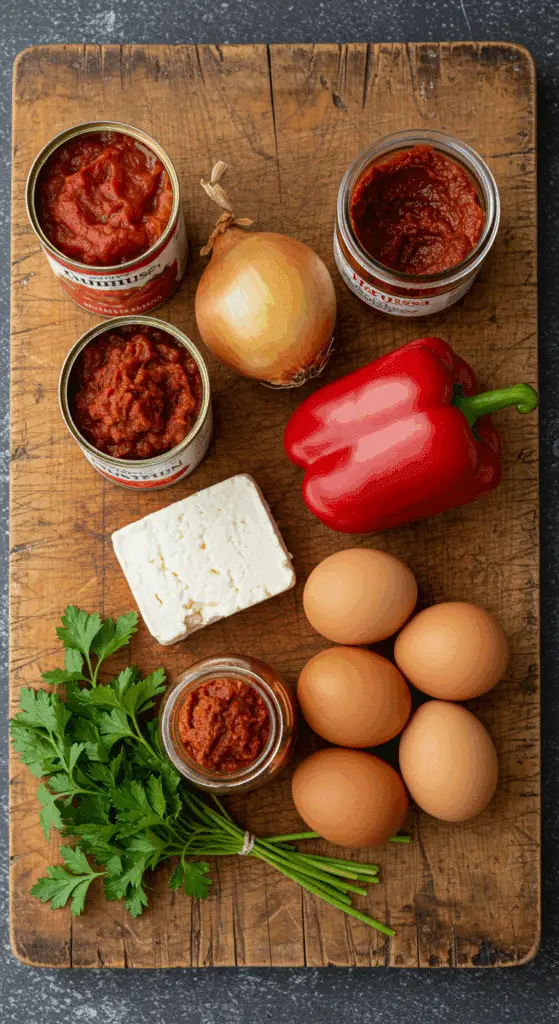 The fresh, from-scratch ingredients for the classic, easy, and authentic Shakshuka recipe.