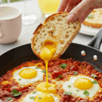 The finished skillet of homemade, authentic Shakshuka being shared and enjoyed with crusty bread at a fun weekend brunch.