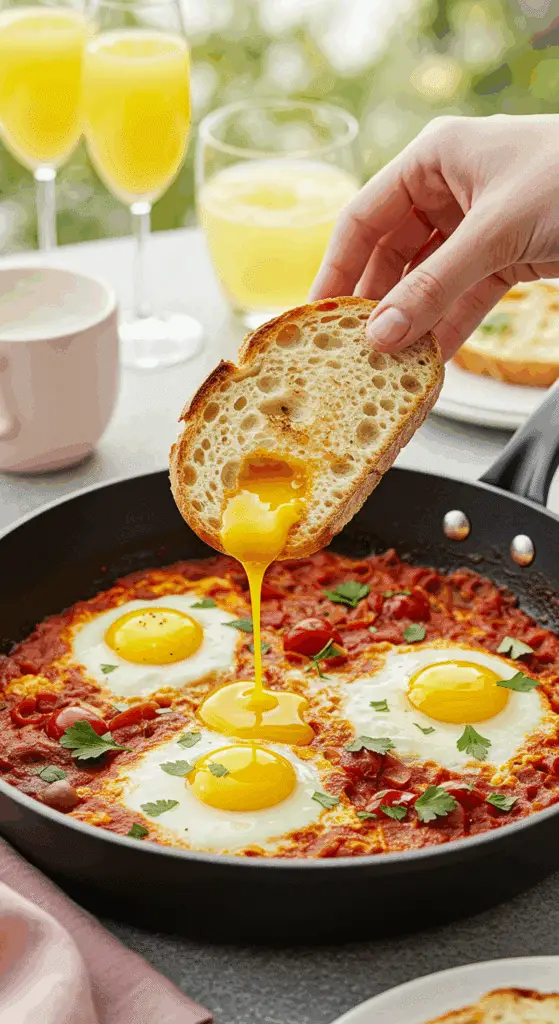 The finished skillet of homemade, authentic Shakshuka being shared and enjoyed with crusty bread at a fun weekend brunch.