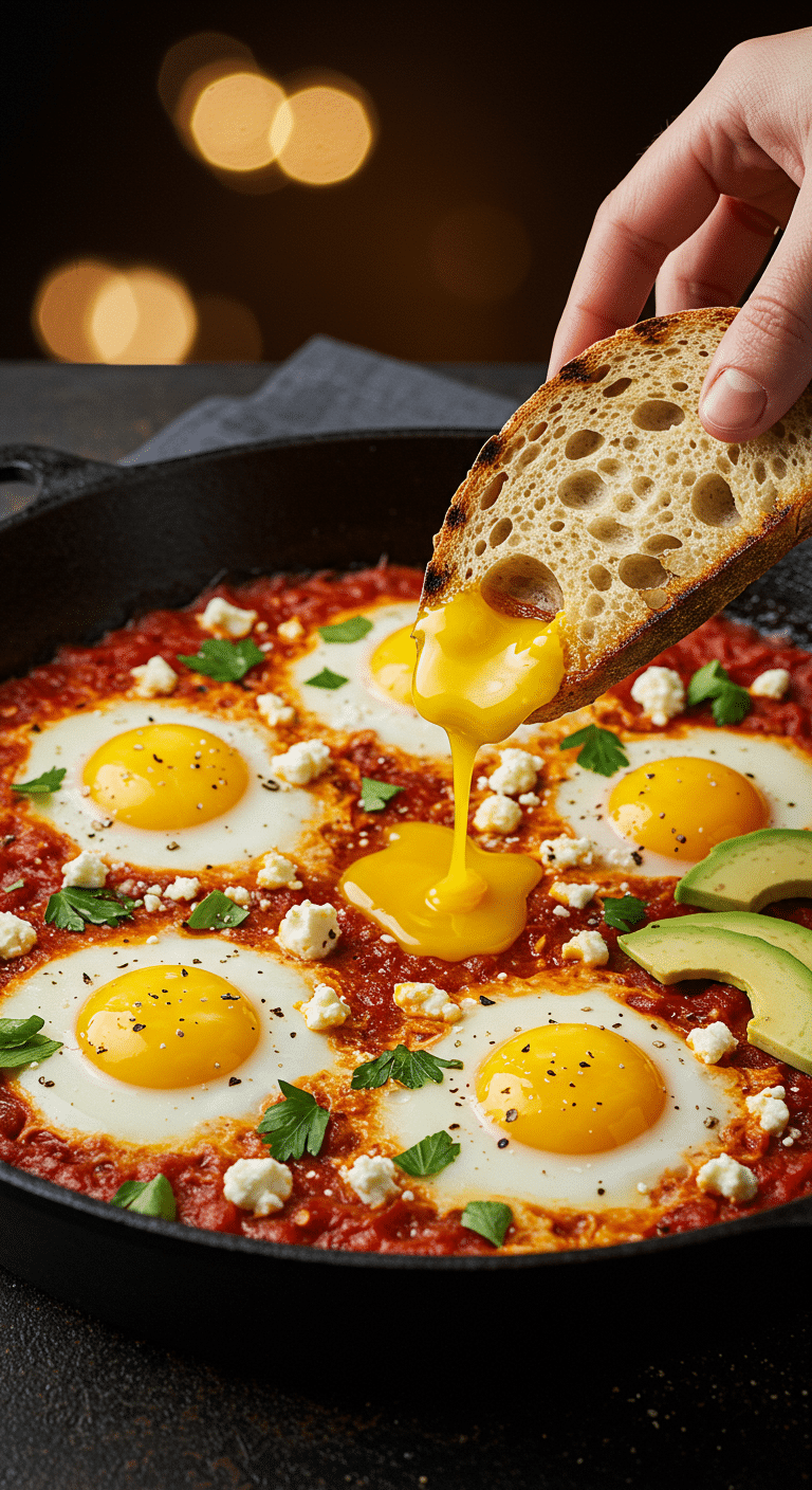 A beautiful, rustic cast-iron skillet of homemade, authentic Shakshuka, with five perfectly runny-yolked eggs poached in a spicy tomato sauce.