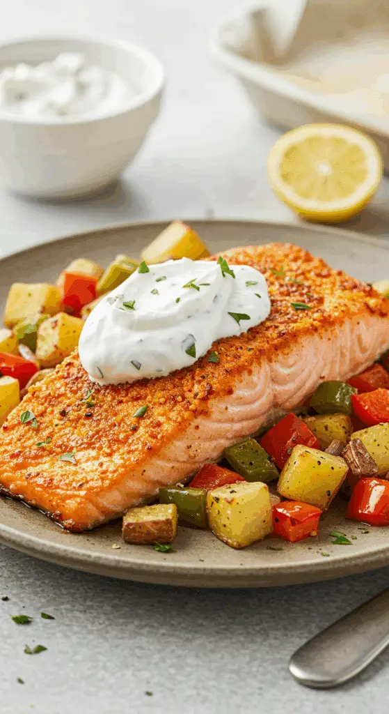 A beautiful, plated serving of homemade, healthy Sheet-Pan Salmon, served with a roasted potato hash and a dollop of a creamy yogurt sauce.