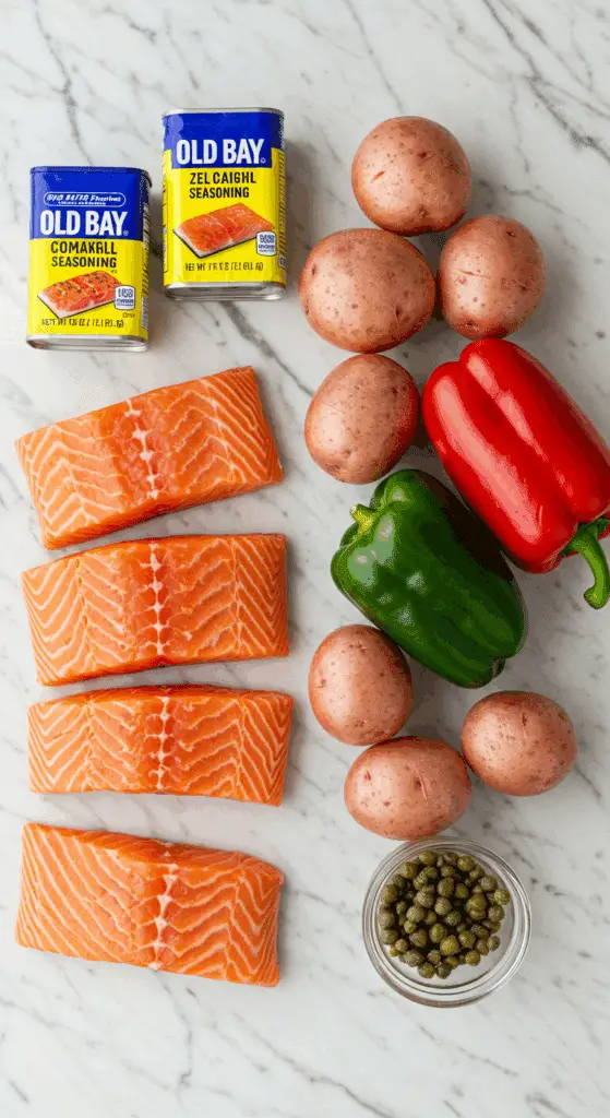 The fresh, from-scratch ingredients for the easy and healthy Sheet-Pan Salmon and Potato Hash recipe.