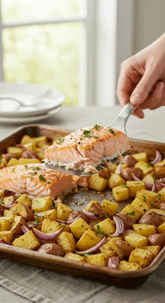 The finished sheet pan of homemade Salmon and Potato Hash, with a hand serving a portion onto a plate.