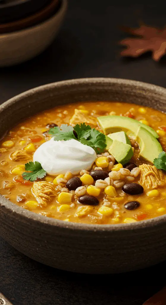 A beautiful, rustic bowl of homemade, hearty, and creamy Southwest Chicken Chowder, garnished with sour cream and avocado.