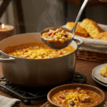 The finished pot of homemade, creamy Southwest Chicken Chowder being served at a cozy family dinner.