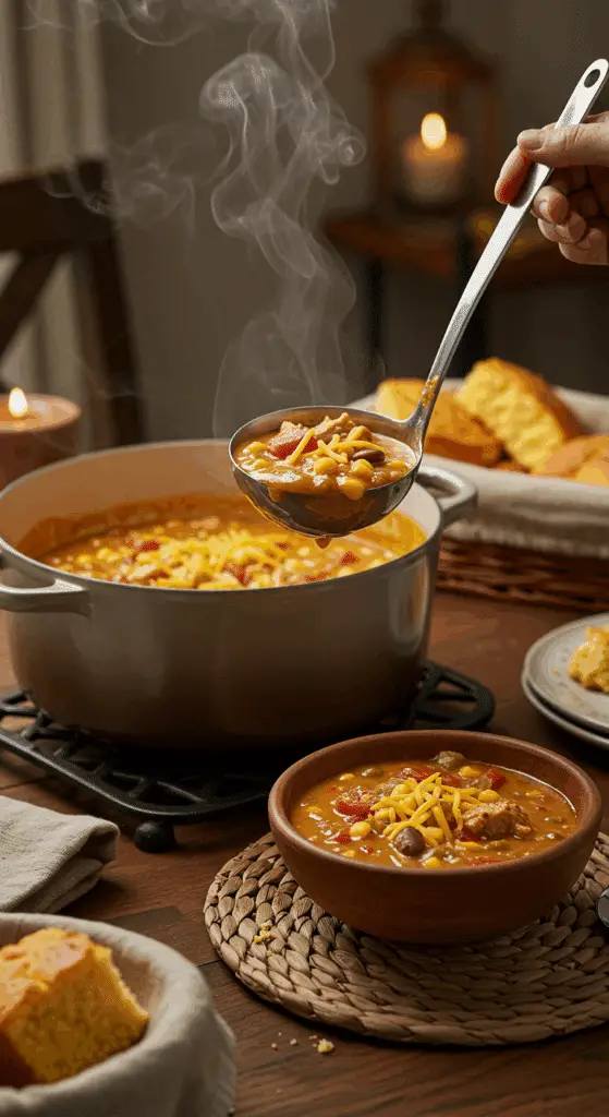 The finished pot of homemade, creamy Southwest Chicken Chowder being served at a cozy family dinner.