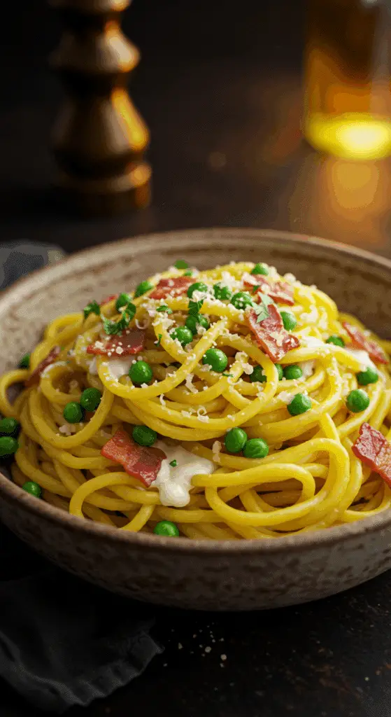 A beautiful, rustic bowl of homemade, creamy Spaghetti Squash Alfredo with crispy pancetta and green peas.