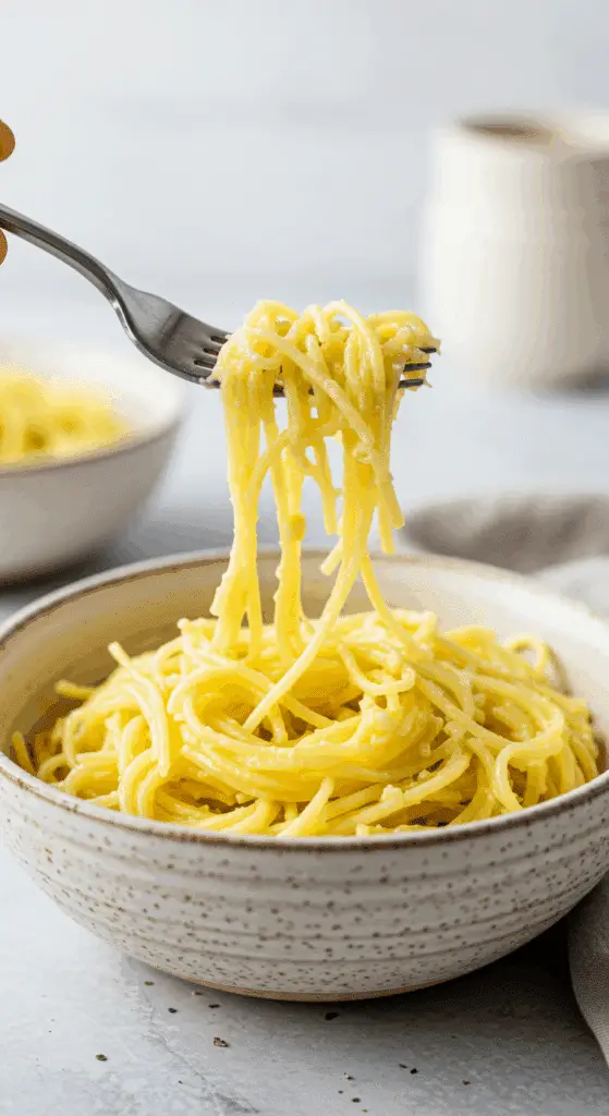 A beautiful bowl of homemade, creamy Spaghetti Squash Alfredo being served for a healthy dinner.