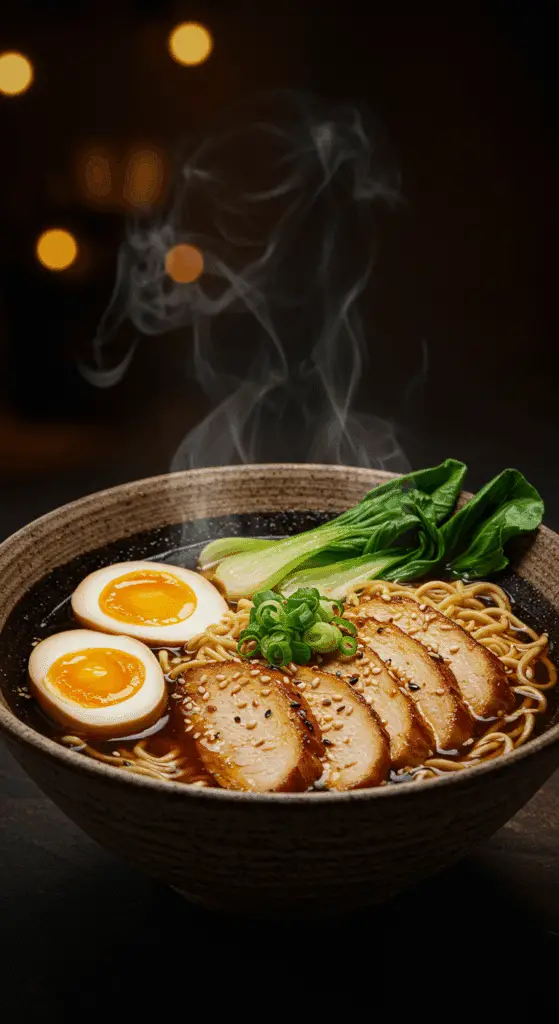 A beautiful, rustic bowl of homemade, easy Spicy Chicken Ramen, with tender chicken, a perfect jammy soft-boiled egg, and fresh bok choy.