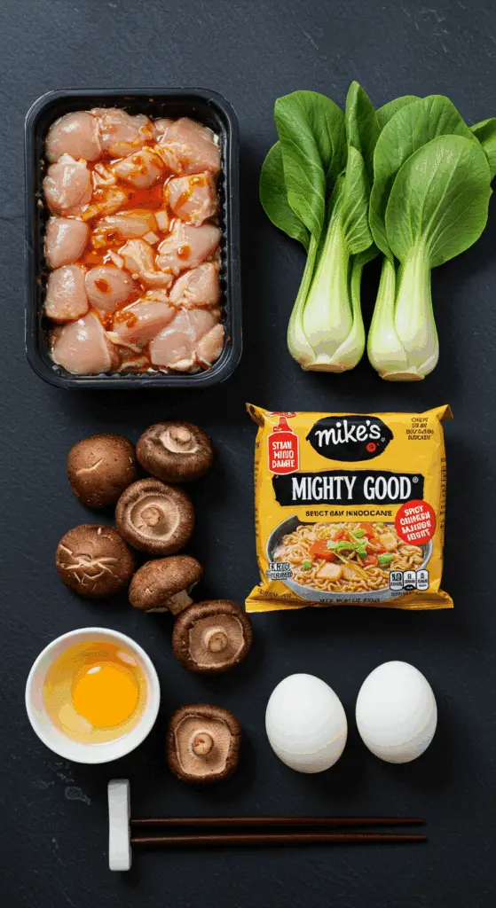 The simple, fresh ingredients for the easy and classic "hacked" Spicy Chicken Ramen recipe.