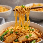 A cozy bowl of homemade, spicy Chicken Ramen being enjoyed with chopsticks for a casual family dinner.