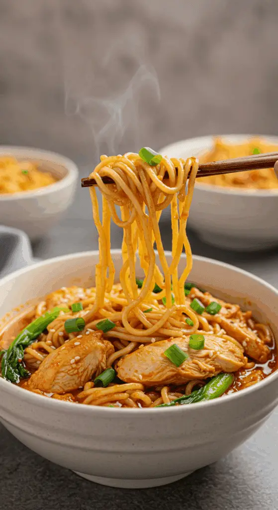 A cozy bowl of homemade, spicy Chicken Ramen being enjoyed with chopsticks for a casual family dinner.