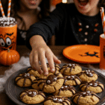 A large platter of homemade, spooky, and cute Peanut Butter Spider Cookies being served at a fun and casual Halloween party.
