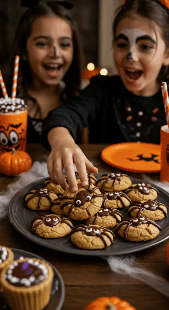 A large platter of homemade, spooky, and cute Peanut Butter Spider Cookies being served at a fun and casual Halloween party.