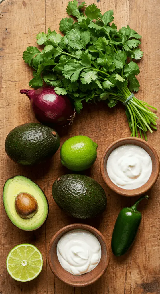 The simple, fresh ingredients for the classic and easy from-scratch Guacamole recipe.