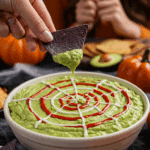 A large bowl of homemade, spooky Spiderweb Guacamole being served at a fun and casual Halloween party.