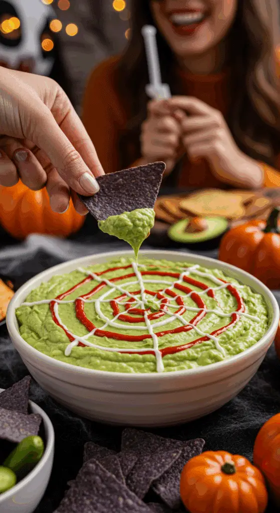 A large bowl of homemade, spooky Spiderweb Guacamole being served at a fun and casual Halloween party.