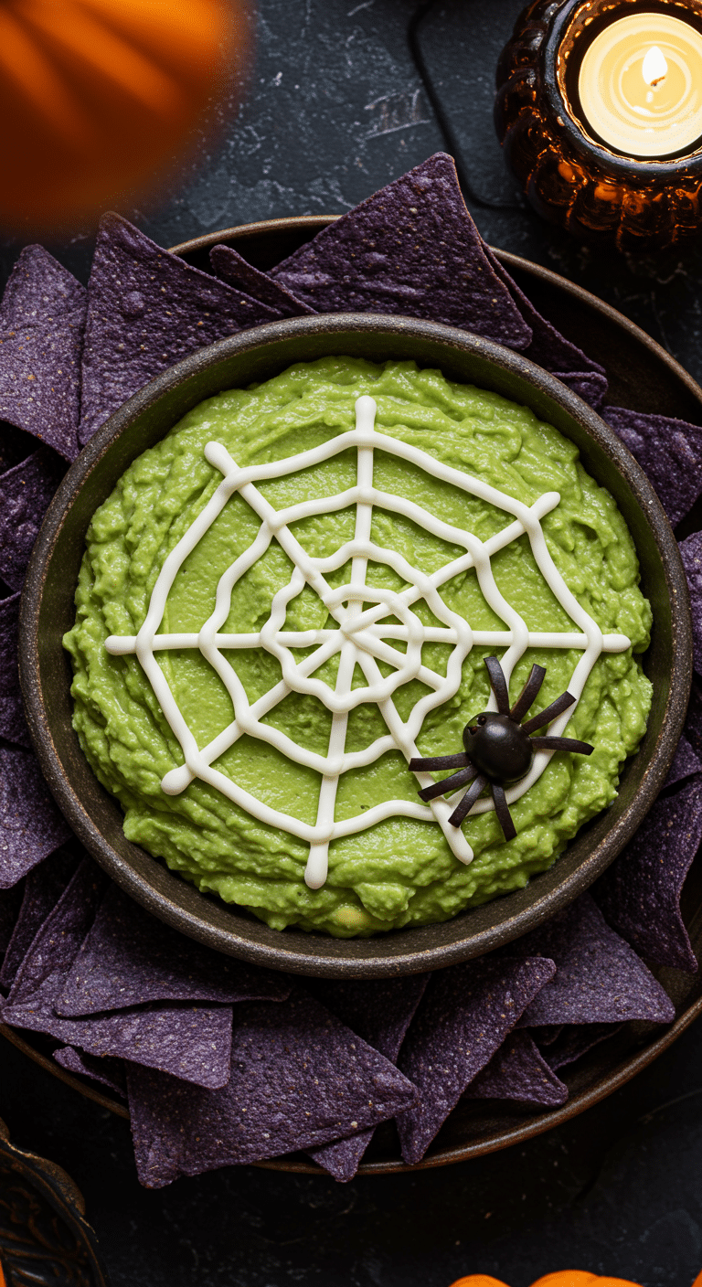 A beautiful, overhead shot of a homemade, spooky Spiderweb Guacamole in a dark bowl, with a sour cream spiderweb and a black olive spider.