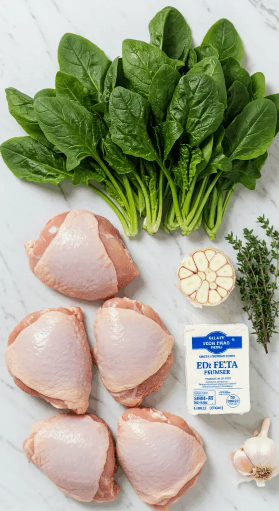 The simple, fresh ingredients for the healthy, from-scratch Spinach and Feta Stuffed Chicken recipe.