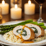 An elegant plate of homemade, sliced Spinach and Feta Stuffed Chicken, served over a bed of creamy orzo for a sophisticated dinner.
