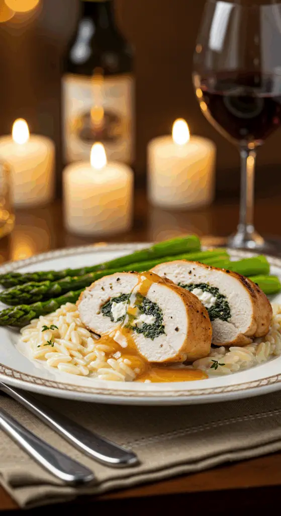 An elegant plate of homemade, sliced Spinach and Feta Stuffed Chicken, served over a bed of creamy orzo for a sophisticated dinner.