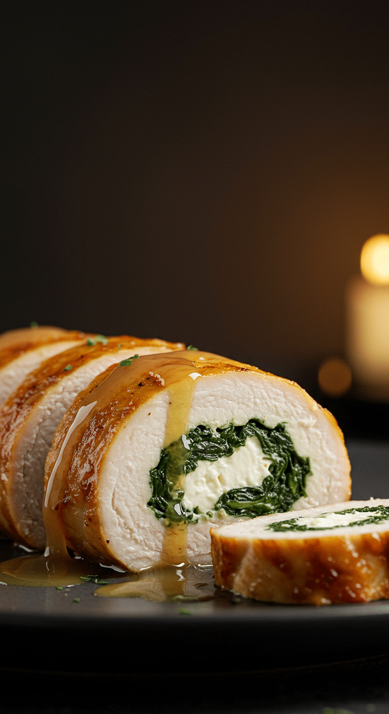 A beautiful, golden-brown, homemade, juicy Spinach and Feta Stuffed Chicken thigh, sliced to show the beautiful spiral filling and drizzled with a pan sauce.