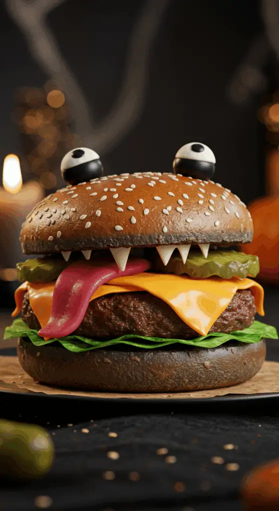 A beautiful, homemade, fun, and spooky Monster Burger with a jagged, cheesy grin, a pickle tongue, and olive eyes, served for a Halloween dinner.