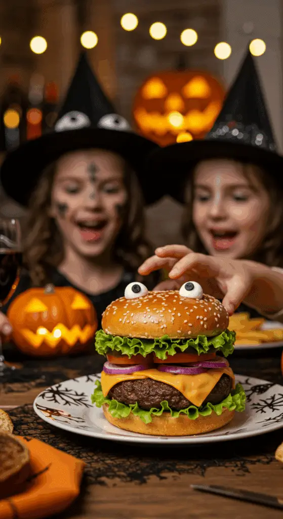 A child's hand excitedly reaching to take a funny and spooky homemade Monster Burger at a fun family Halloween dinner.