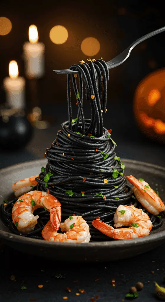 A beautiful, rustic bowl of homemade, spooky "Vampire Pasta," with glistening, jet-black squid ink pasta and bright pink shrimp.