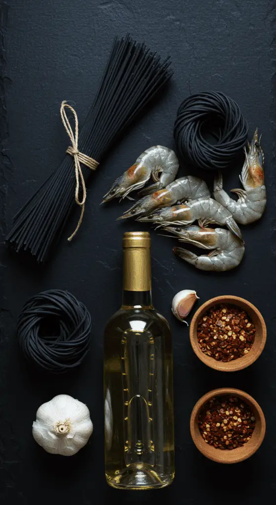 The simple, fresh ingredients for the elegant and easy Squid Ink Pasta with Shrimp recipe.
