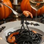 An elegant plate of homemade, black "Vampire Pasta" being enjoyed for a sophisticated and spooky Halloween dinner party.