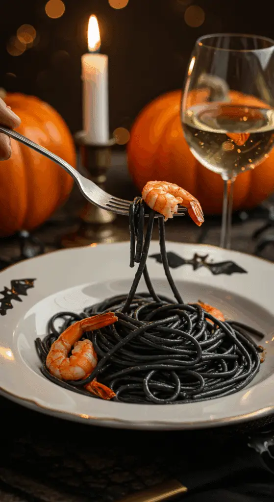 An elegant plate of homemade, black "Vampire Pasta" being enjoyed for a sophisticated and spooky Halloween dinner party.