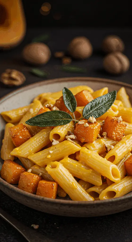 A beautiful, rustic bowl of homemade, creamy Butternut Squash Pasta, with caramelized roasted squash and garnished with crispy fried sage.