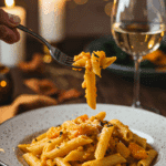 An elegant plate of homemade, creamy Butternut Squash Pasta being enjoyed for a sophisticated and cozy, candlelit fall dinner.