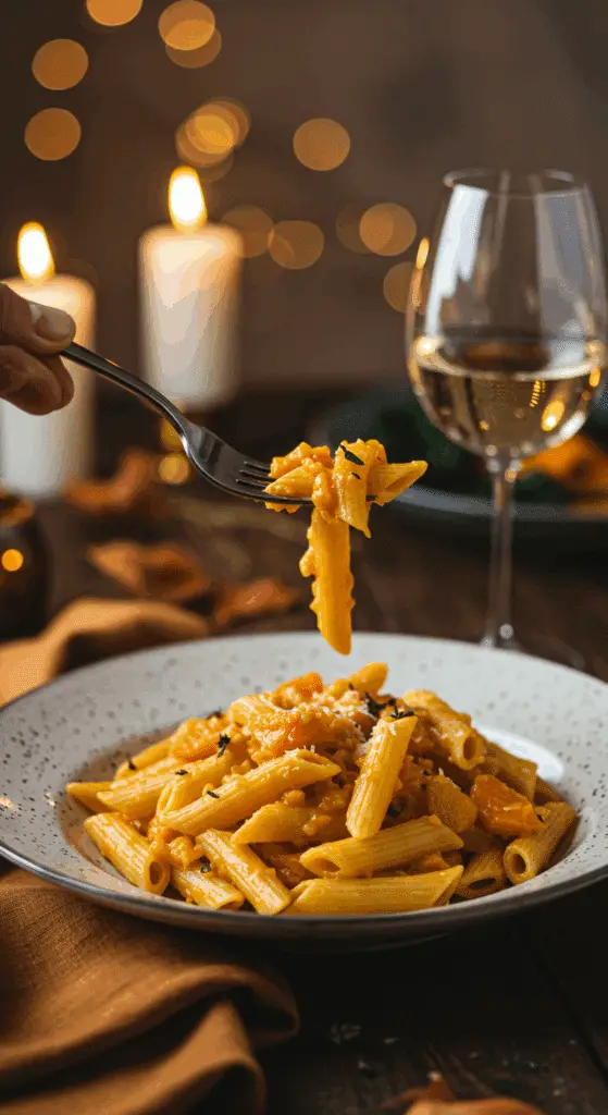An elegant plate of homemade, creamy Butternut Squash Pasta being enjoyed for a sophisticated and cozy, candlelit fall dinner.