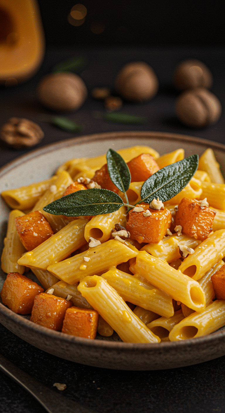 A beautiful, rustic bowl of homemade, creamy Butternut Squash Pasta, with caramelized roasted squash and garnished with crispy fried sage.