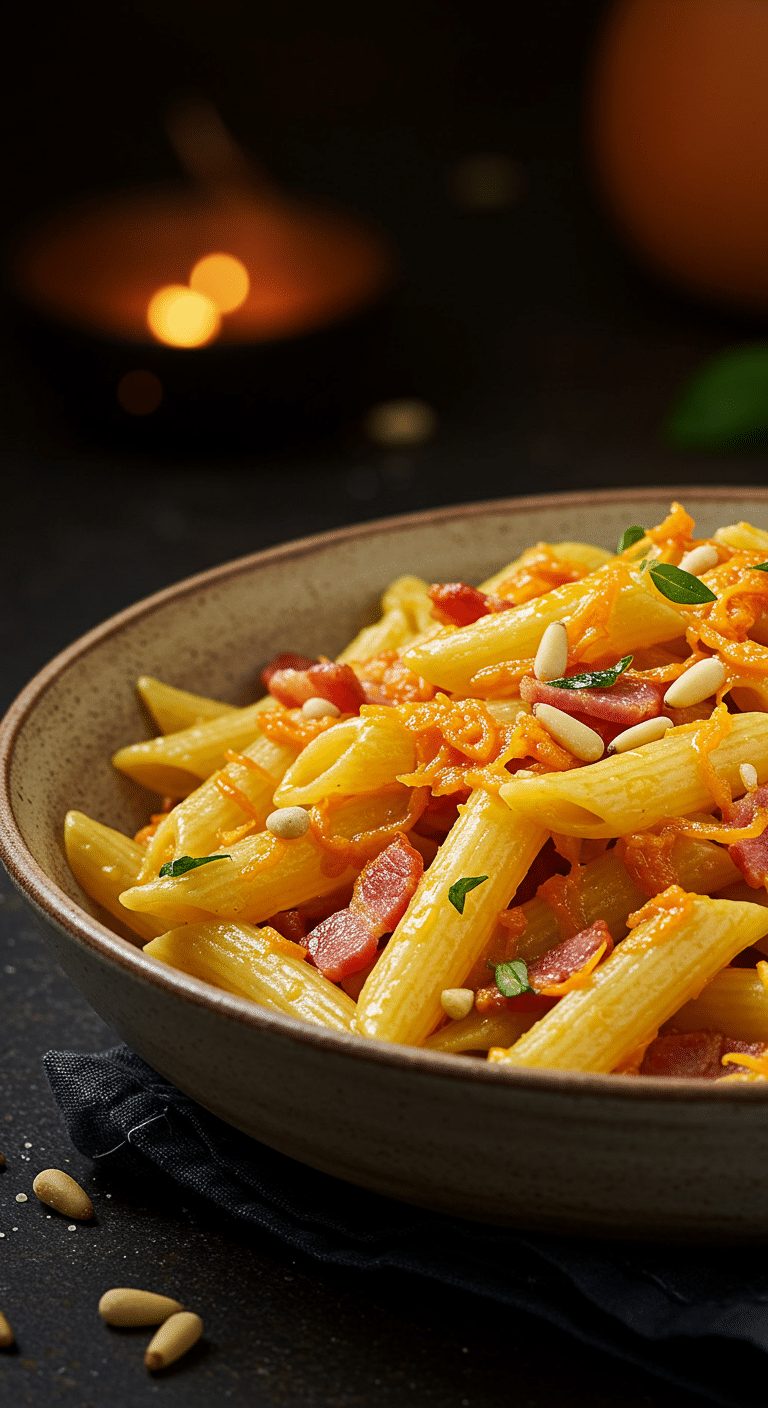 A beautiful, rustic bowl of homemade, savory Butternut Squash and Pancetta Pasta, garnished with pine nuts and basil.