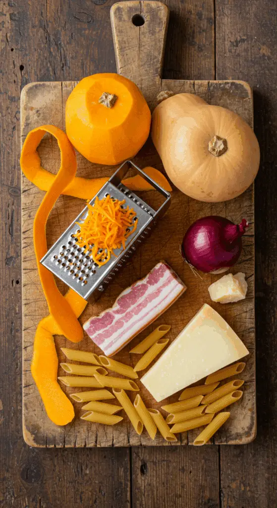 The fresh, from-scratch ingredients for the classic, savory Butternut Squash and Pancetta Pasta recipe.