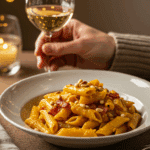 An elegant bowl of homemade, creamy Butternut Squash and Pancetta Pasta being served at a sophisticated fall dinner party.