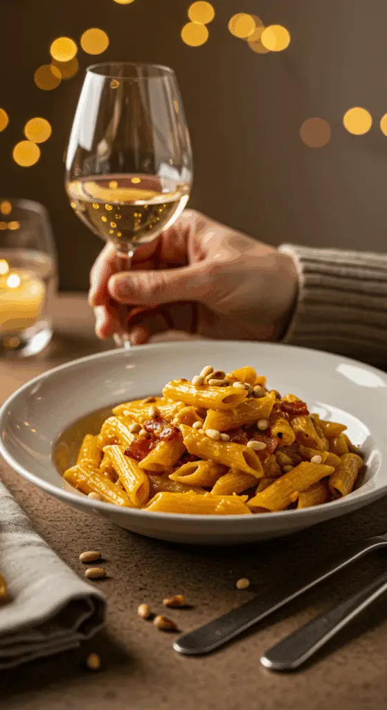 An elegant bowl of homemade, creamy Butternut Squash and Pancetta Pasta being served at a sophisticated fall dinner party.
