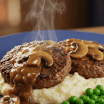 A beautiful, rustic plate of homemade, old-fashioned Salisbury Steak smothered in a rich mushroom gravy, served over a bed of creamy mashed potatoes.