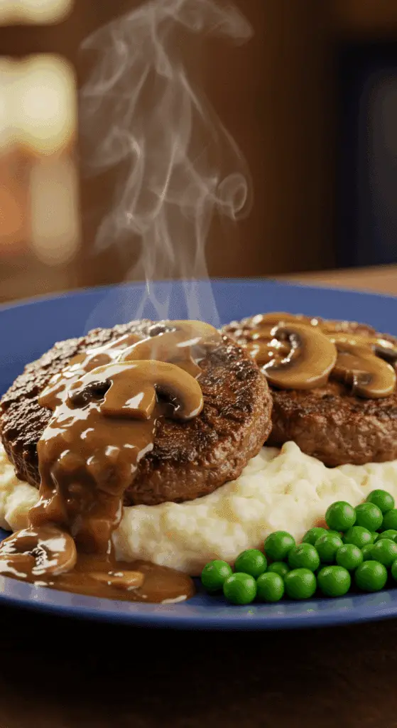 A beautiful, rustic plate of homemade, old-fashioned Salisbury Steak smothered in a rich mushroom gravy, served over a bed of creamy mashed potatoes.