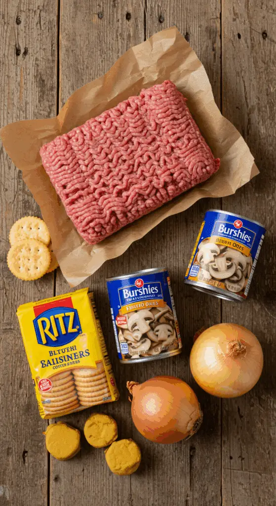 The classic, from-scratch ingredients for the homemade, old-fashioned Salisbury Steak and mushroom gravy recipe.
