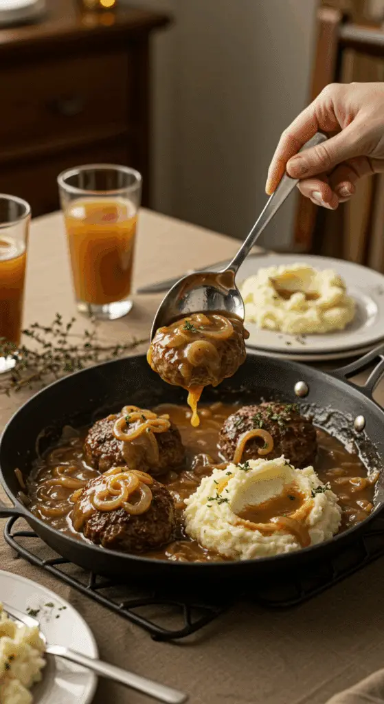 The finished skillet of homemade Salisbury Steak and gravy being served at a cozy family dinner.