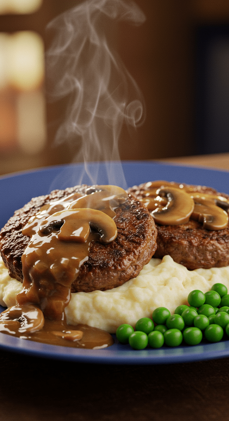 A beautiful, rustic plate of homemade, old-fashioned Salisbury Steak smothered in a rich mushroom gravy, served over a bed of creamy mashed potatoes.
